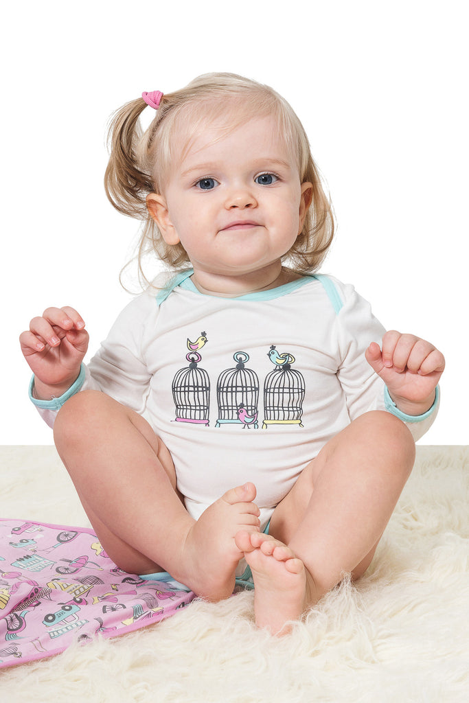 Bamboo long sleeve onesie - Lucy's Birdcage - SNUGALICIOUS BAMBOO